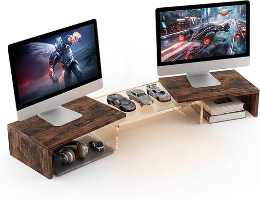 Dual Monitor Riser, Acrylic Monitor Riser, Adjustable Angle & Length Computer Monitor Stand, Wide Desk Shelf for Top of Desk for Home Office_Wood Look Small