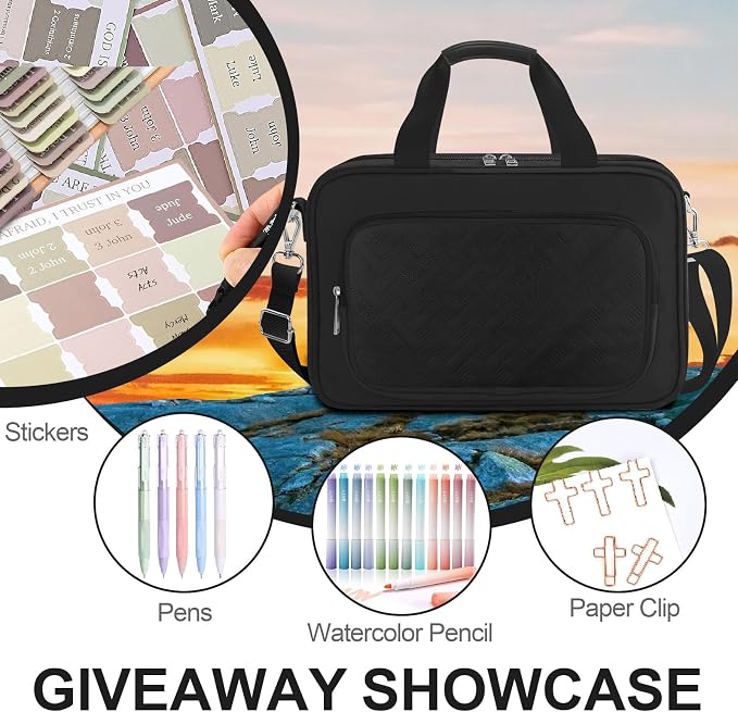 Large Bible Cover Case for Mens Boys Women Organizer, Church Bag Book Carrying Case with Highlighters Shoulder Strap Pens Cross Clip Study Supplies Journaling Kit, Christian Gifts Black