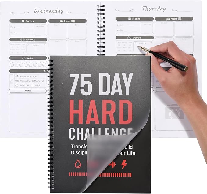 75 Hard Challenge Book, All-in-One Daily Progress Journal, Fitness Hydration Sleep Tracker, Thick Paper & Waterproof Spiral Planner for Home Gym Outdoor Use