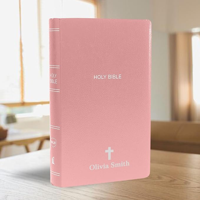 MerchSalad Personalized NKJV Bible New King James Version Faux Leather Holy Bible with Custom Name SMALL PRINT with Red-Highlighted Verses, Custom Gift for Christian & Religious Celebrations | Pink