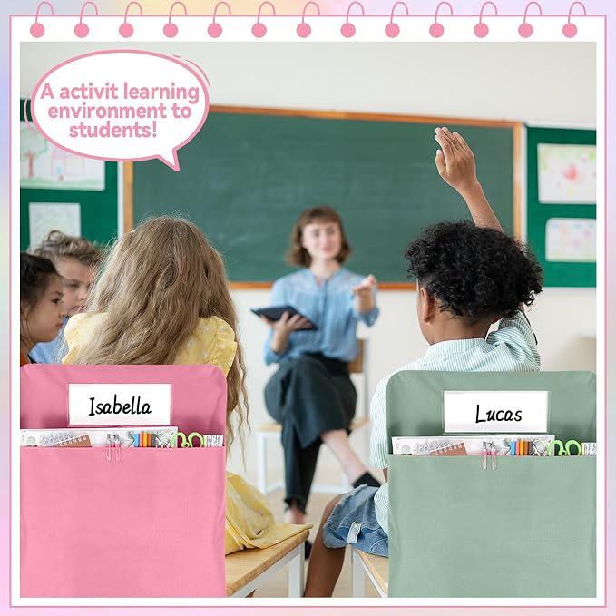 gisgfim 24 Pcs Chair Pockets for Classroom 17 x 20 Inch s with Name Tag for Classroom Chairback Pockets Chairs Seat Back Organizer for Student Elementary School Daycare Home Supply (Pastel Pink)