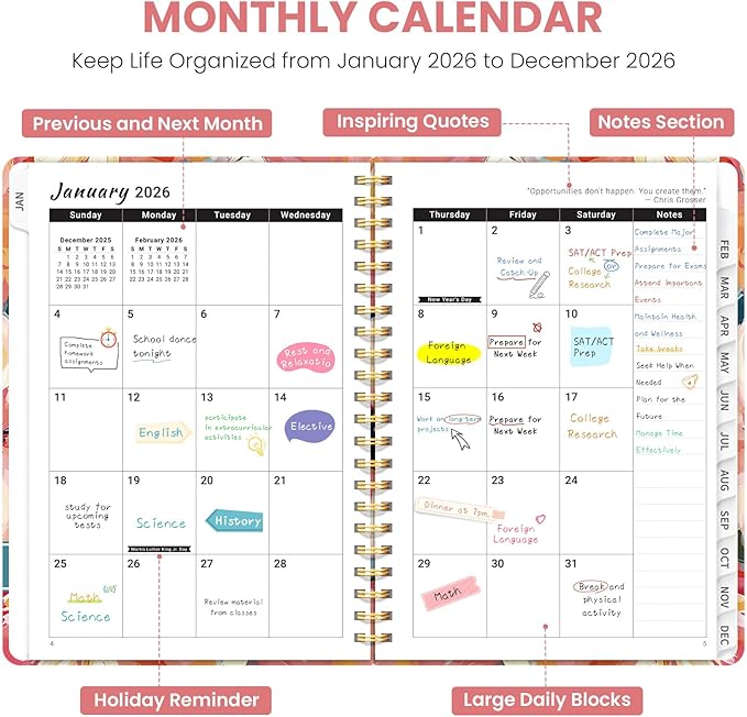 2026 Planner, Weekly and Monthly Planner for Women, Jan 2026 - Dec 2026 Pretty 2026 Calendar Planner with Monthly Tabs, Inner Pocket, Spiral Binding, Perfect for Office Home School - 6.3" x 8.5", Pastel Garden