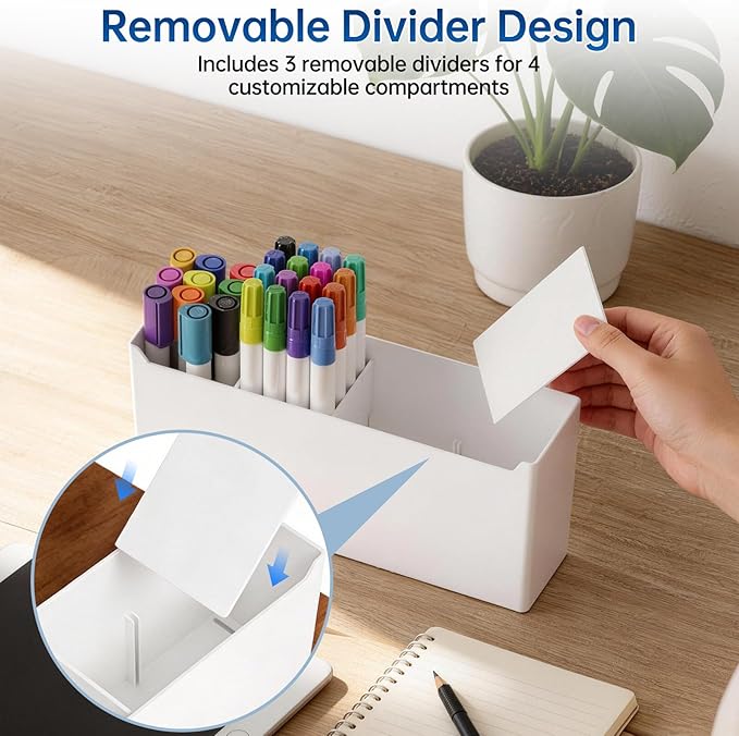 FRETONBA Large Magnetic Dry Erase Marker Holder for Whiteboard, Magnetic Pen Holder Organizer with Adjustable Compartments, Strong Magnet Storage for Office Classroom Home, White