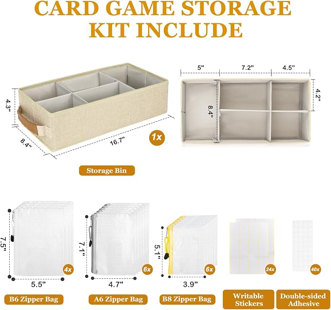 Lukeline Card Game Storage Kit Include Storage Box and 16pcs Mesh Zipper Bags, Card Game Organizer with Writable Stickers and Dispensing - for Playing Card Game, Photos, School Supplies, Craft