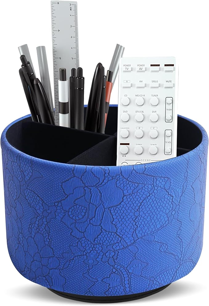 Round Leather Art Supply Organizer,Remote Control Holder,360 Degree Spinning,Multi-Functional Pencil Holder,4 Compartments Desktop Stationary Organizer(1-Lace Flower Blue)