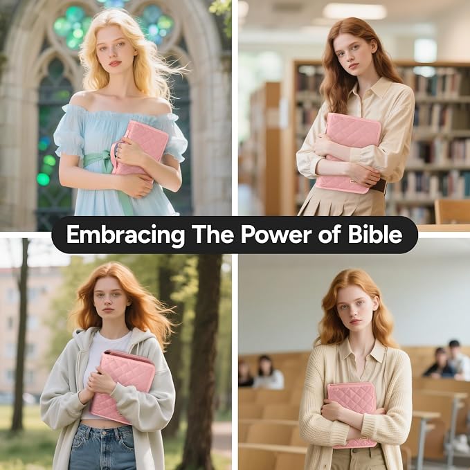 BellaHold Adjustable Bible Cover with 75 Bible Tabs - Bible Cover Case for Women，Waterproof, Washable Quilted Bible Case，Reusable Christian Gifts for Women (Pink, TS)