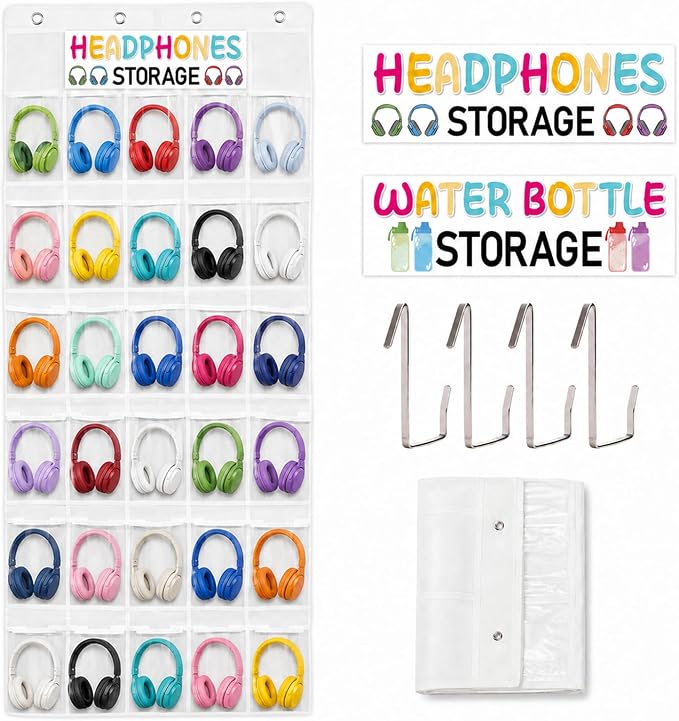 Classroom Headphone Storage Organizer Over the Door Hanging Headphone Storage Bag 30 Clear Organizer Holder Pockets with 2 Stickers 4 Hooks for School Cell Phone Calculators Organization Supplies