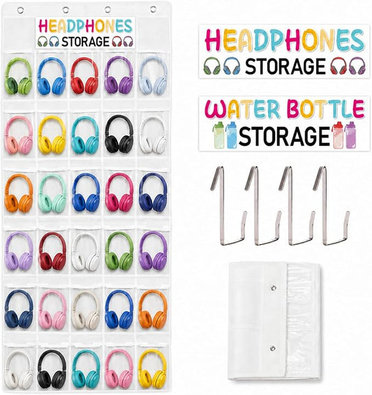 Classroom Headphone Storage Organizer Over the Door Hanging Headphone Storage Bag 30 Clear Organizer Holder Pockets with 2 Stickers 4 Hooks for School Cell Phone Calculators Organization Supplies