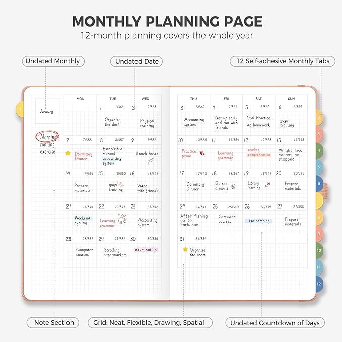 Undated Appointment Book, Hourly, Daily, 52 Weekly & 12 Monthly Planner, 6 AM - 8 PM, Medium Size (5.7" x 8.3"), Leather Hardcover, 12 Self-adhesive Monthly Tabs (Pink)