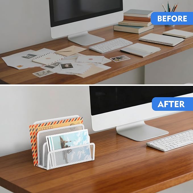 EASEPRES Desk Mail Organizer, Office Small Desktop Metal Mesh Envelope Letter Sorter Paper File Holder Organizer with 3 Vertical Upright Compartments, White 1 Pack