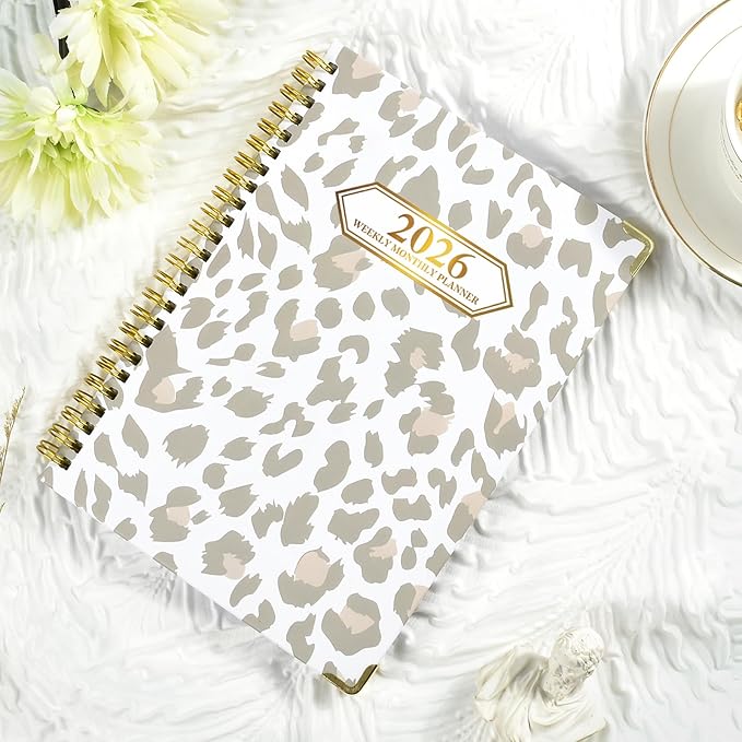2026 Planner, Jan.2026 - Dec.2026 Planner Weekly and Monthly 6.25"x8.5" with with Page Tabs, Calendar Hardcover with Inner Pocket, Elastic Band, Twin-Wire Binding, Bookmark, Gray Pink Leopard