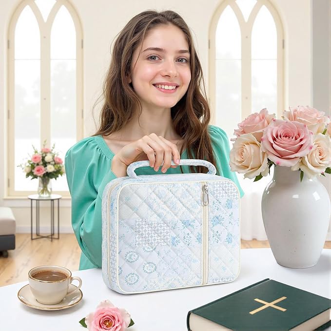 WOBAGMEN Bible Cover Case for Women,Large Bible Tote Bags Organizer Quilted Carrying Case for Girls,Bible Study Supplies Accessories Christian Gifts for Women (Blue Floral pin, M)