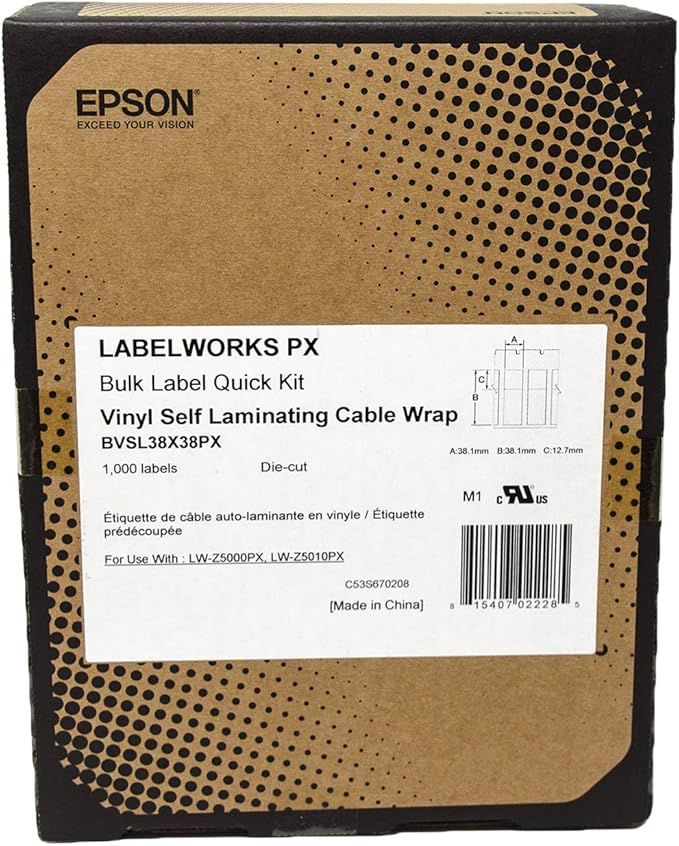 Epson LABELWORKSPX BVSL38X38PX Genuine Die Cut Bulk Self Laminating Overwrap Vinyl Tape - Black on White Flexible and Durable Industrial Label Maker Tape - 1.5" x 1.5" Wide, 1000 Labels per Roll