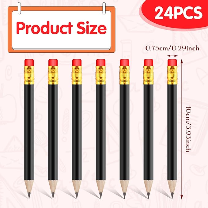 24 Pcs Mini Half Pencils Black Golf Pencils with Erasers Bulk 4 Inch Short Pre Sharpened Pencil Small Pencil for Games Baby Shower Bridal Shower Wedding Presents Classroom Back to School Office Pocket