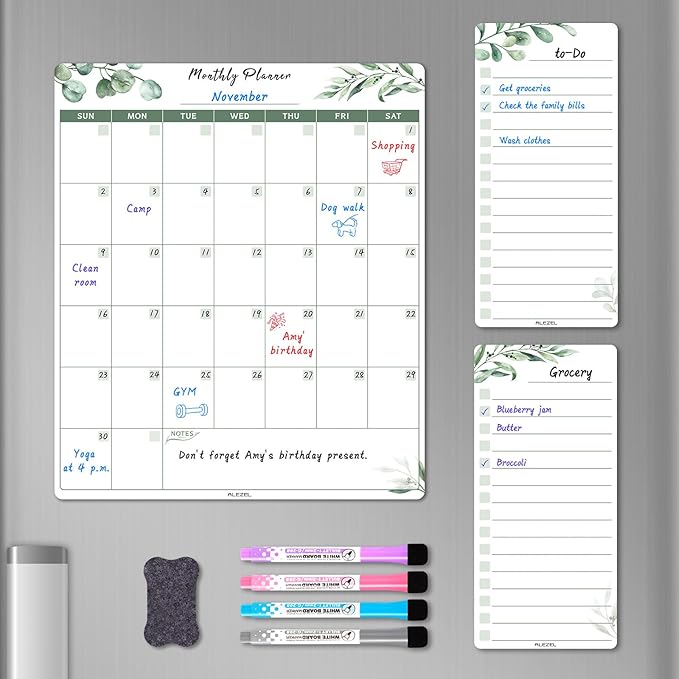 ALEZEL Dry Erase Calendar for Refrigerator, Greenery Magnetic Fridge Calendar Whiteboard - Set of Vertical Monthly Dry Erase Calendar for Fridge & 2 List Board, 4 Markers + Eraser
