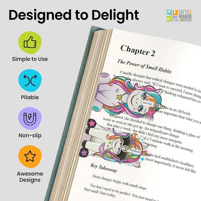 Gifts for Readers & Writers Linemarker Magnetic Bookmarks for Women & Men Unicorn, Set of 2 Magnet Bookmark Clips, Magnetic Page Holder & Book Marker for Reading with Cute Bookmarks Design for Kids