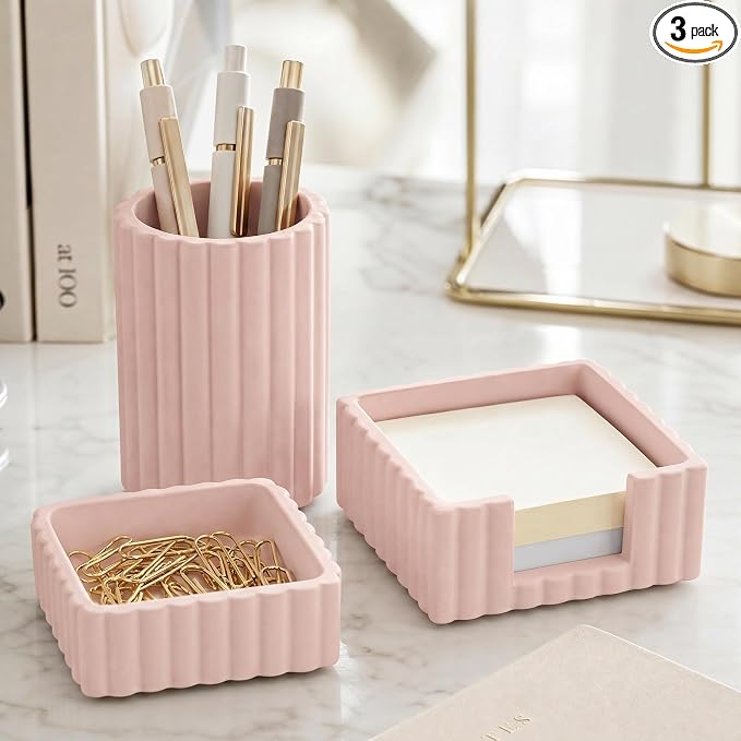 KIBAGA Modern Aesthetic Desk Accessories Set of 3 - Stylish Pink Concrete Organizers for Pens & Office Supplies - A Cute and Functional Addition to Your Workspace Decor