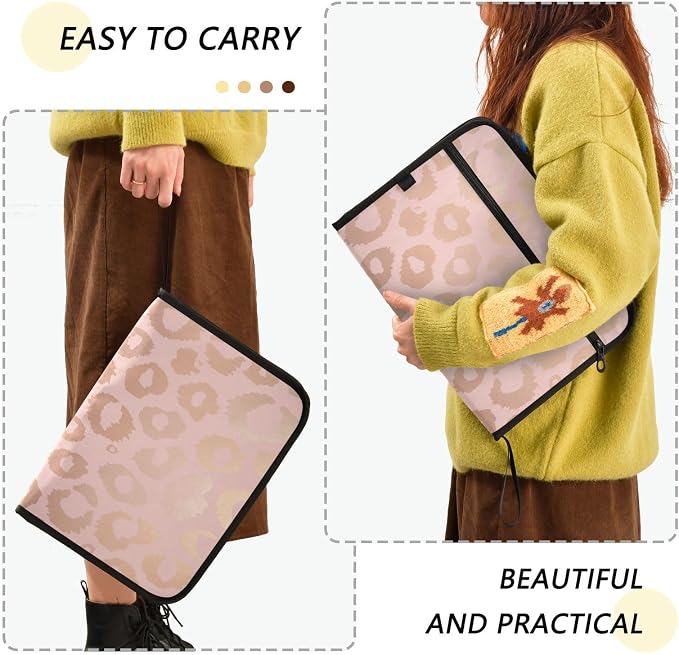 Metallic Rose Gold Animal Print Pattern Expanding File Folder with Sticky Labels, 13 Pockets Accordion File Folder Document Organizer Expandable Zip File Folder with Zipper Closure