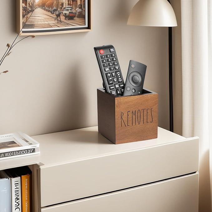 LBEMEY Acacia Wood Remote Control Holder, TV Remote Holder, Remote Organizer for Table,Home,Living room, bedroom for Wooden Remote Box (Brown, S,for 2 or 3 Remote Controls)