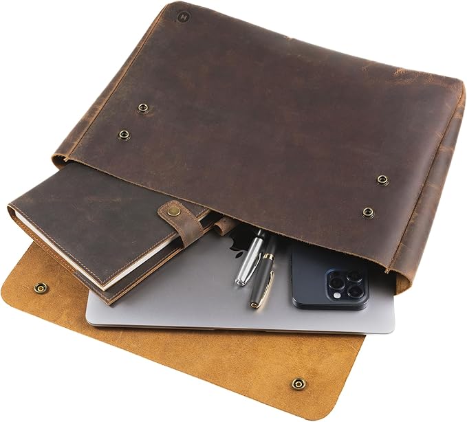 Moonster Leather Folder, Full Grain Leather File Folder Organizer Document Holder, Portfolio for Men –Spacious Folio Laptop Sleeve Case - Fits 13" 14" 15” Laptops, MacBook and Tablets