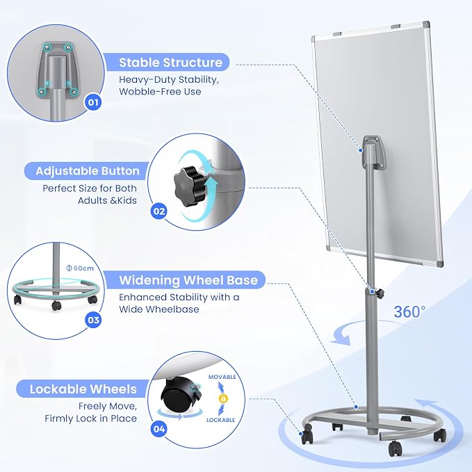 MAKELLO Rolling Whiteboard 3' x 2', Height Adjustable Dry Erase Board on Wheels, Mobile White Board for Office School Classroom Home Restaurant, Aluminum Frame, 36x24 in