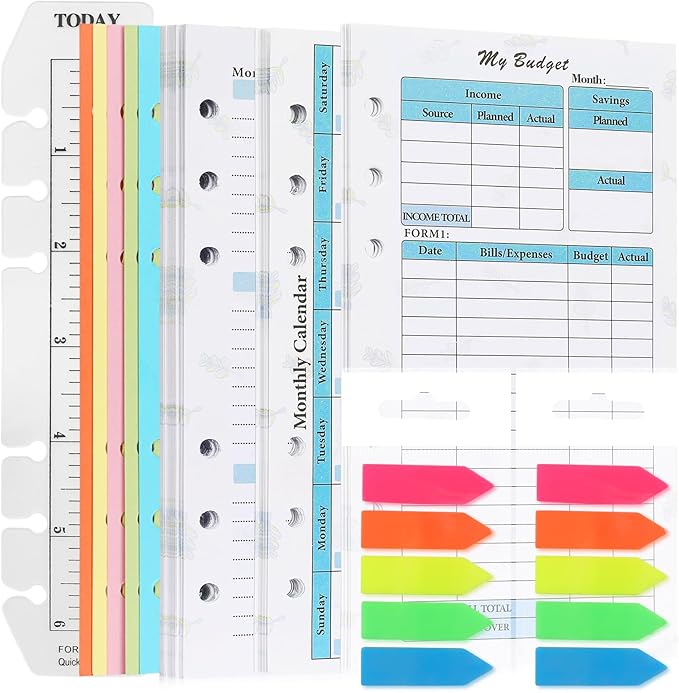 Toplive 7 Pack A6 Planner Inserts Monthly Weekly Planner Refills Expense Budget Sheets with Money Cash Envelopes Divider Today Ruler Stickers for A6 Binder Cover Organizer, Green