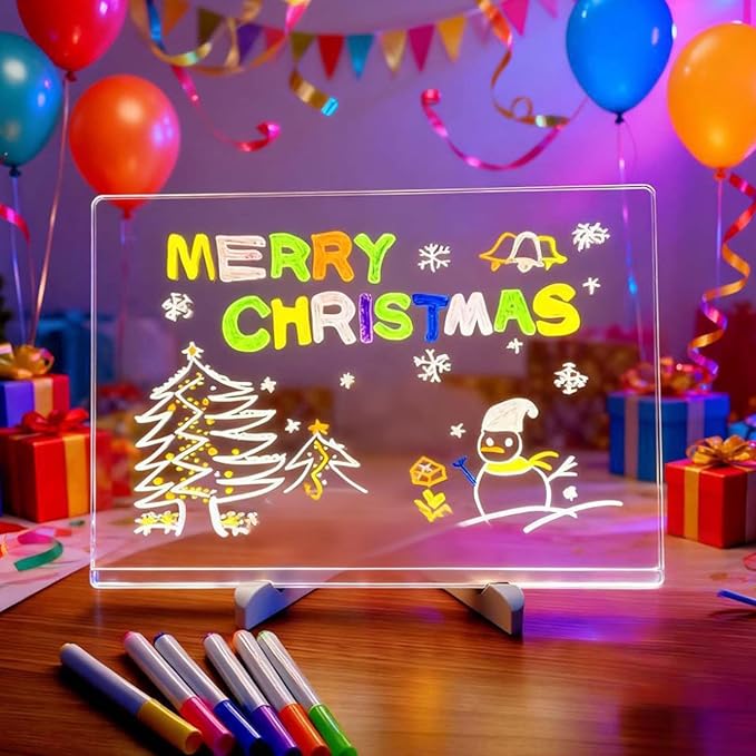 2026 New LED Note Board with Colors, Creative Rewritable Acrylic LED Message Board with Light, Light Up Dry Erase Board with Stand Letter Board Note Glass Clear Board with 7 Pen (15x15CM)