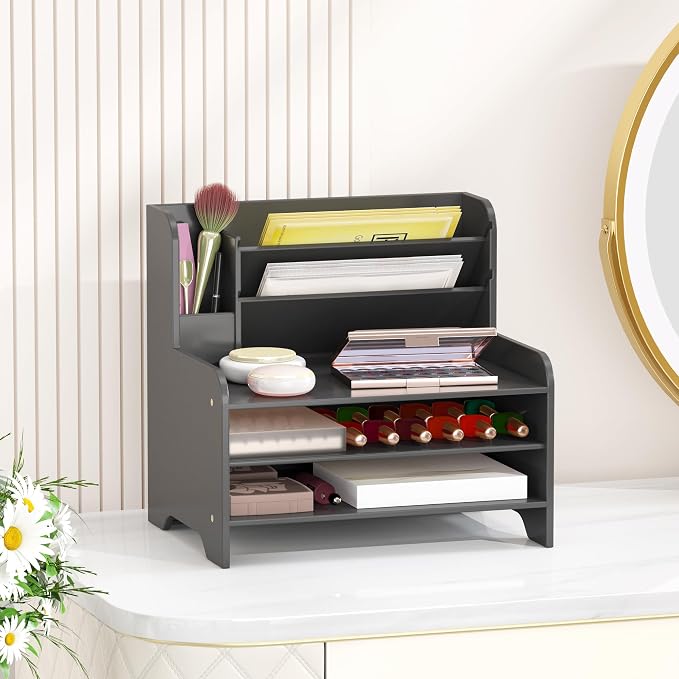 Desk File Organizer - 6-Tier Desktop Mail Letter Tray Paper Document Organizer with Pen Holder for Home Office Supplies, Office Desk Accessories & Workspace (Black)