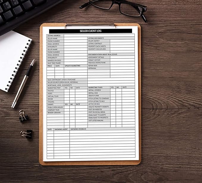 Real Estate Agent Supplies - Home Seller Client Log to include in Listing File Folders. Realtor Log to Track Seller Needs, Home Showings & Agent Activity. 50 Page Notepad. 8.5 X 11. Made in the USA
