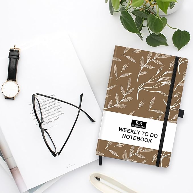 RICCO BELLO Undated Weekly Planner To Do Notebook | Hardcover, for Work, School, Home with Pen Holder, Bookmark, Band Closure, Storage Pocket, 5.7 x 8.4 Inches (Brown Leaf)