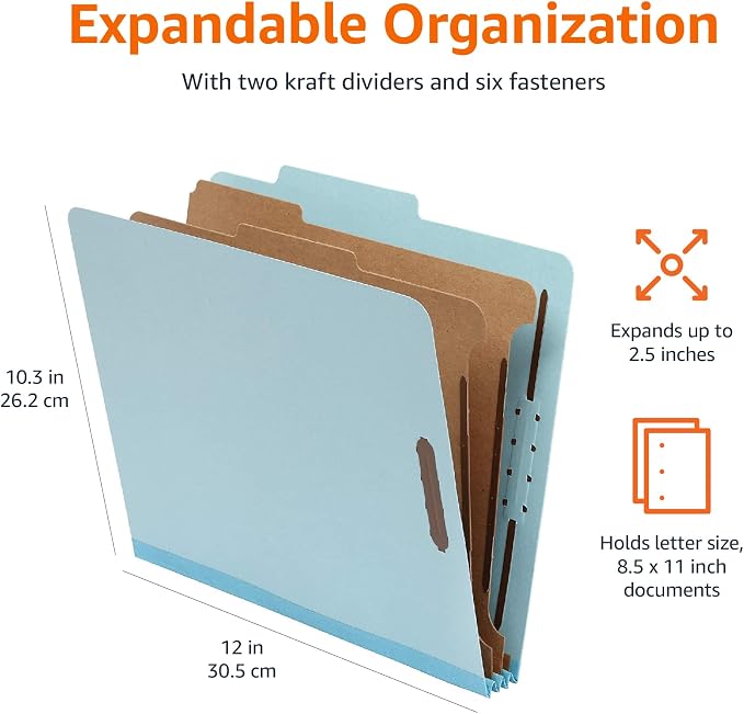 Amazon Basics Classification Folder with Prongs, 100% Recycled, 2 Dividers, 2" Embedded Fasteners, Letter Size, for Documents Organization, Light Blue, 10 Count