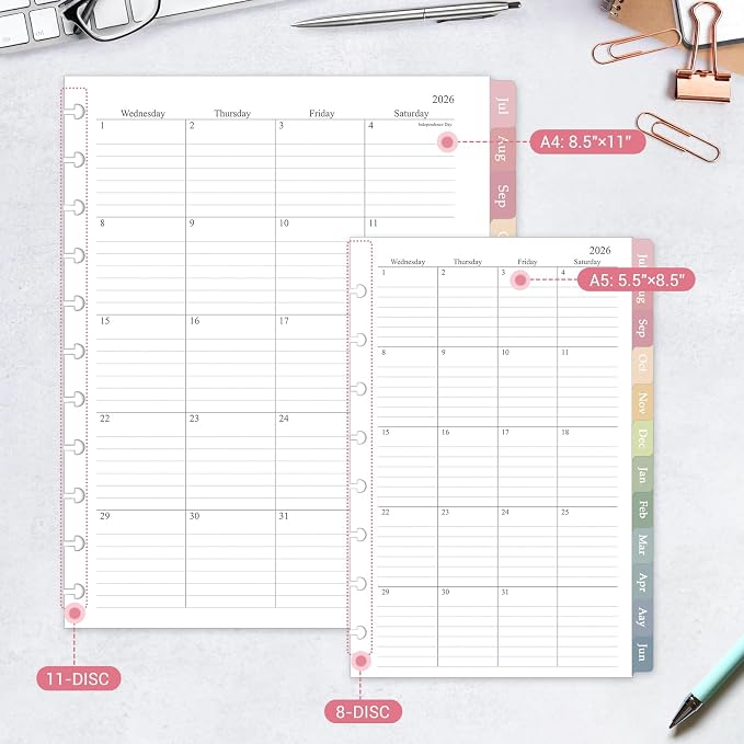 2026-2027 Monthly Planner Refill, Jul. 2026 - Dec. 2027, A4 Letter Size Planner Inserts for 11-Disc Discbound, 8.5"x11", 18 Monthly Calendars with Colorful Laminated Tabs