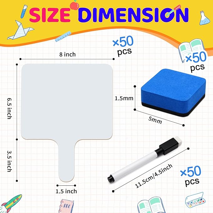 50 Pack Dry Erase Answer Paddles with Handle, 8 x 10 Inch Wooden Double-Sided Handheld Whiteboards Reusable Writing Boards with 50 Markers & 50 Erasers for Classroom Teaching & Auction Paddles Bidding