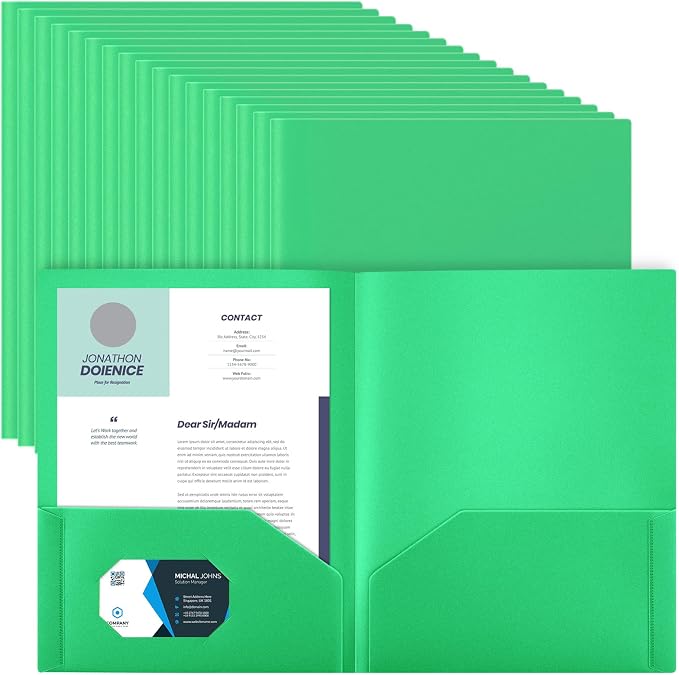 Gueevin 72 Pack Plastic Folder with Pockets, 2 Pocket Folders, Plastic Glossy Folders Fit Letter Size Paper, Heavy Duty Durable File Folder with Business Card for Home Office School (Green)