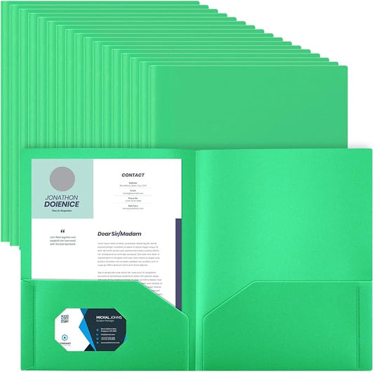 Gueevin 72 Pack Plastic Folder with Pockets, 2 Pocket Folders, Plastic Glossy Folders Fit Letter Size Paper, Heavy Duty Durable File Folder with Business Card for Home Office School (Green)