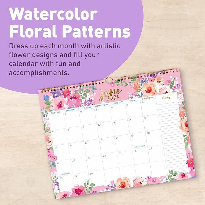 S&O Watercolor Floral Wall Calendar from January 2026-June 2027 - Tear-Off Monthly Calendar - 18 Month Academic Wall Planner - Hanging Organizer to Track for Anniversaries & Appointments - 13.5"x10.5”in