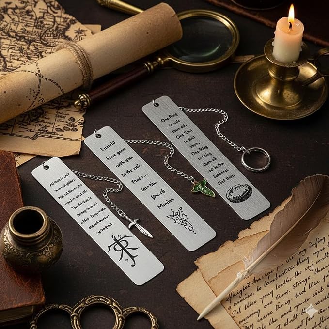 3Pcs Fantasy LOTR Metal Bookmarks Set, Elvish Leaf Pendant with Sword Charm, Evenstar Engraving, Epic Quotes Carved, Dark Academia Book Accessories, Gifts for Readers (The Three Rings)