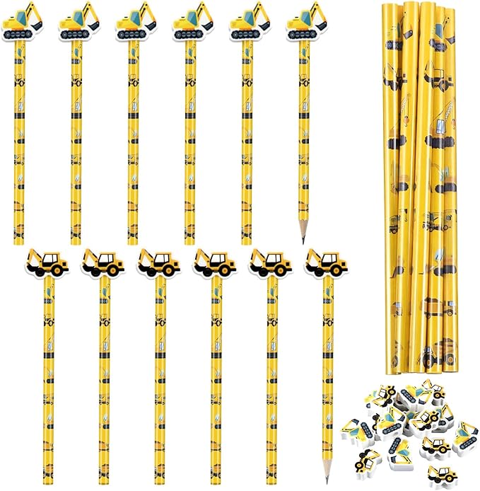 32 Pcs Construction Pencil with Eraser Excavator Truck Construction Party Favors Stationery Supplies for School Classroom Exchange Gift Reward Prizes Theme Birthday Party Supplies
