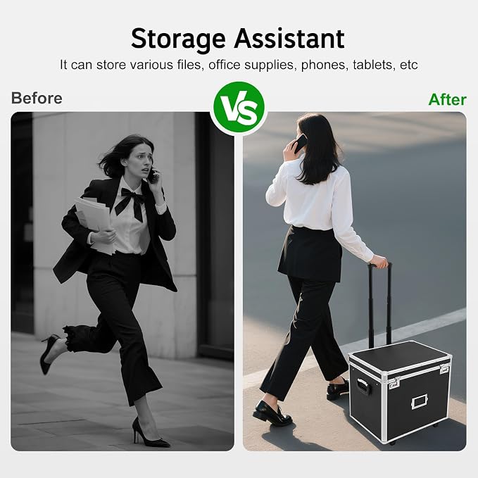 Locking Rolling File Box with Wheels, 19.2" L Portable Aluminum Alloy Storage Case on Wheels, Mobile Business Document Organizer with Handle for Home Office Travel (Black)