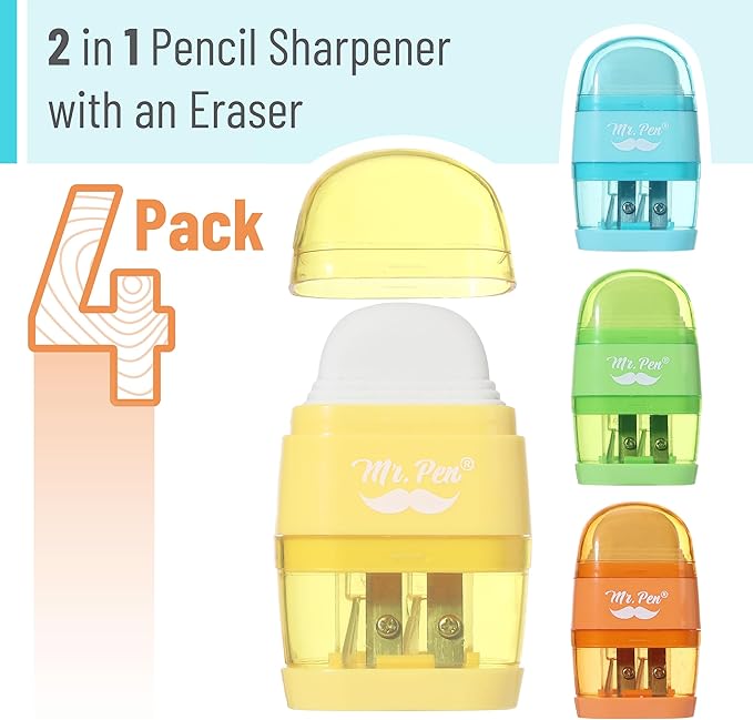 Mr. Pen- Pencil Sharpener & Eraser, 4 Pack, 2-in-1 Manual Sharpeners with Canister, 2 Sharpening Holes for Standard & Jumbo Pencils, Colorful Dual Hole Design for School, Office, Home, Kids