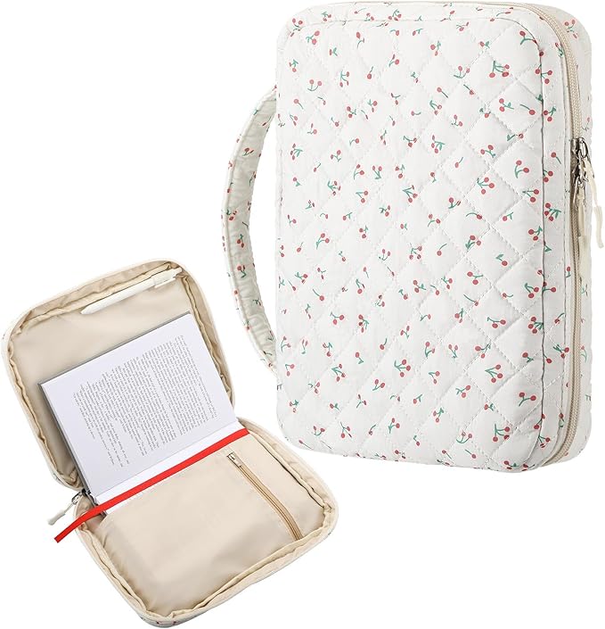 Aliceset Large Bible Cover Case for Women, Cute Cherry Quilted Cotton Bible Carrying Case Organizer Bag with Handle and Zipper, for Christian Easter Gifts, Study Supplies Accessories