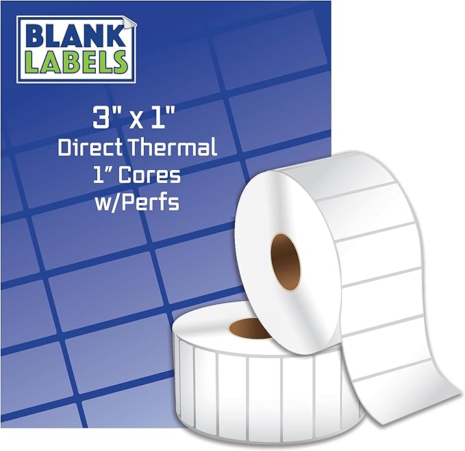 Blank Labels Thermal Transfer Shipping Labels, Matte White Printer Labels on 1" core 3" X 1" Label 1375 Labels per Roll 6 Rolls