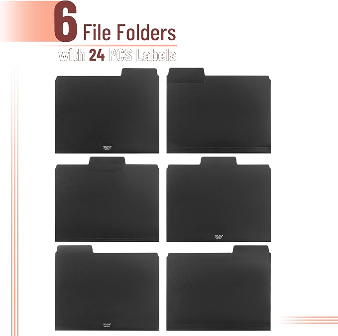 Mr. Pen- Black File Folders Letter Size, 6 Pack, 1/3 Cut Tab & Expandable Design, 24 pcs of Labels, File Folders Black