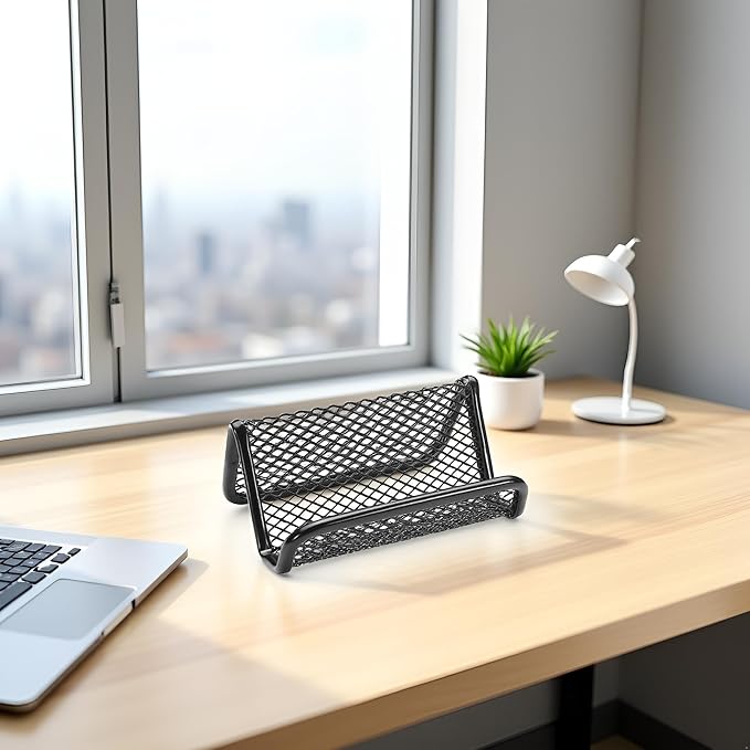 Jinshining Black Business Card Holder, Metal Mesh Business Card Holder, Credit Name Card Case, Office Card Collection Organizers Desk Storage Stand Index Card Filing Products，Desk Accessories