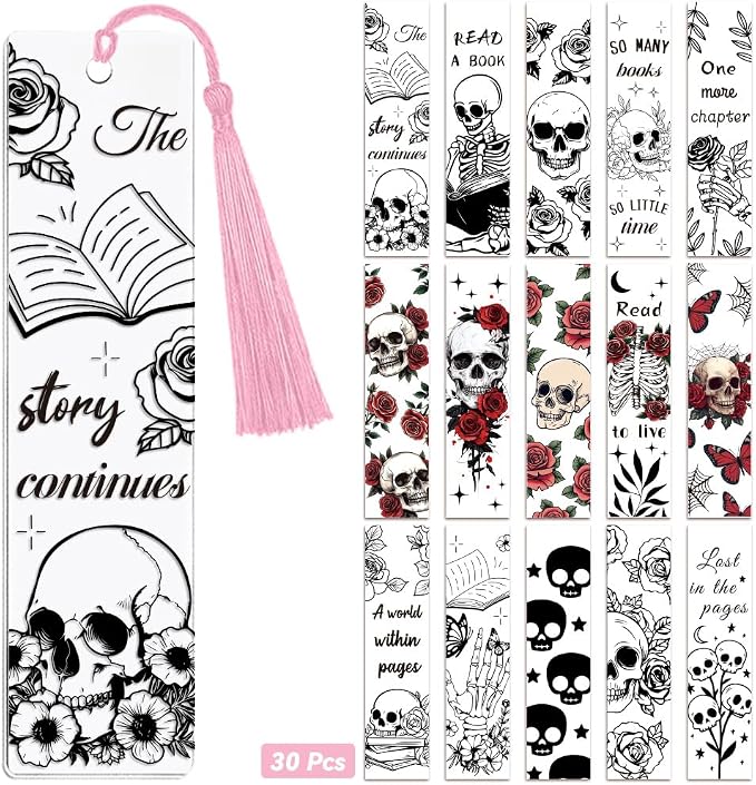 Peacoblue 30pcs UV DTF Bookmarks Transfer Stickers Wraps Skull and Flower for Women Men Reading, Waterproof Bookmarkers Decal(No Blank Bookmarks) for Acrylic Plastic Metal Blank Bookmark