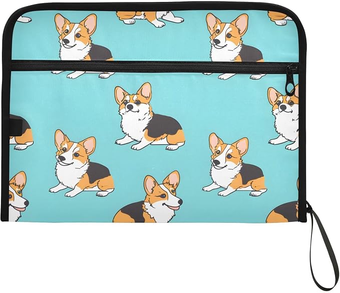 Expanding File Folder Corgis Dog Blue Accordion File Organizer 13 Pockets Document Organizer with Zipper Labels A4 Letter Office Storage
