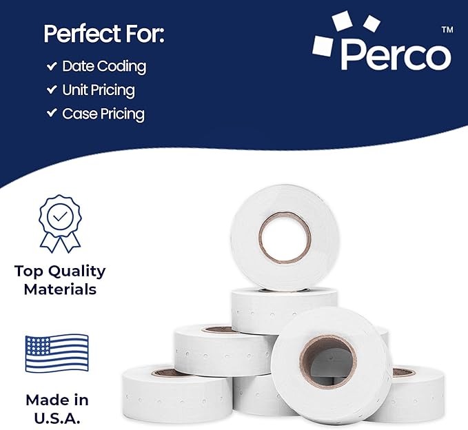 Perco 1 Line Freezer Adhesive Labels - 32 Rolls, 4 Sleeves, 32,000 Blank Price and Date Gun Labels for Perco Lite, X, Plus and Pro 1 Line Price and Date Guns - Made in USA