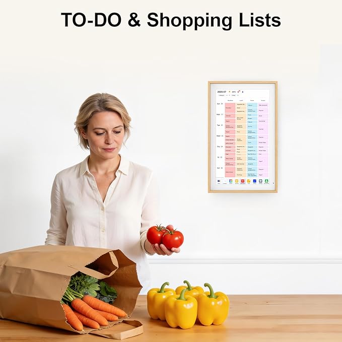 Digital Calendar 15.6" Digital Wall Planners for Family Schedules, Electronic Calendar with 1920*1080 Interactive Touchscreen, Digital Photo Frame Built-in 64GB Memory, Smart Calendar-Wooden