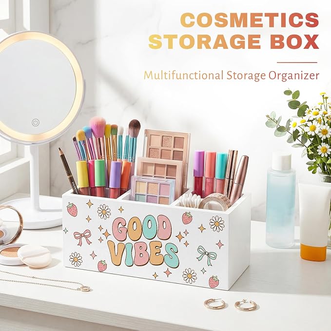 Retro Daisy Pen Pencil Holder for Office Desk Good Vibes Office Decor Gift Wooden Inspirational Organizer Desktop Decor for Girls Cute Makeup Brush Toothbrush Holder for Bathroom Desk Accessories