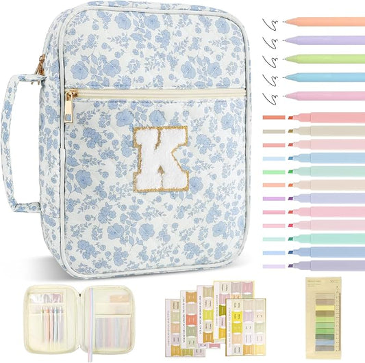 Personalized Initial Bible Cover Case for Women Girls Kid - Large Quilted Bible Case with Handle,Chenille Letter Bag Study Supplies,Christmas Gifts for Christians Birthday Graduation(Blue Flower-K)
